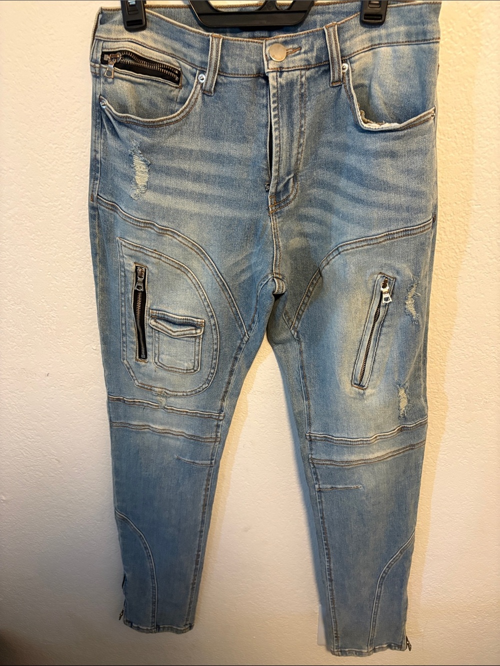 Fashion Nova Light Blue Skinny Moto Jeans with Zip Details